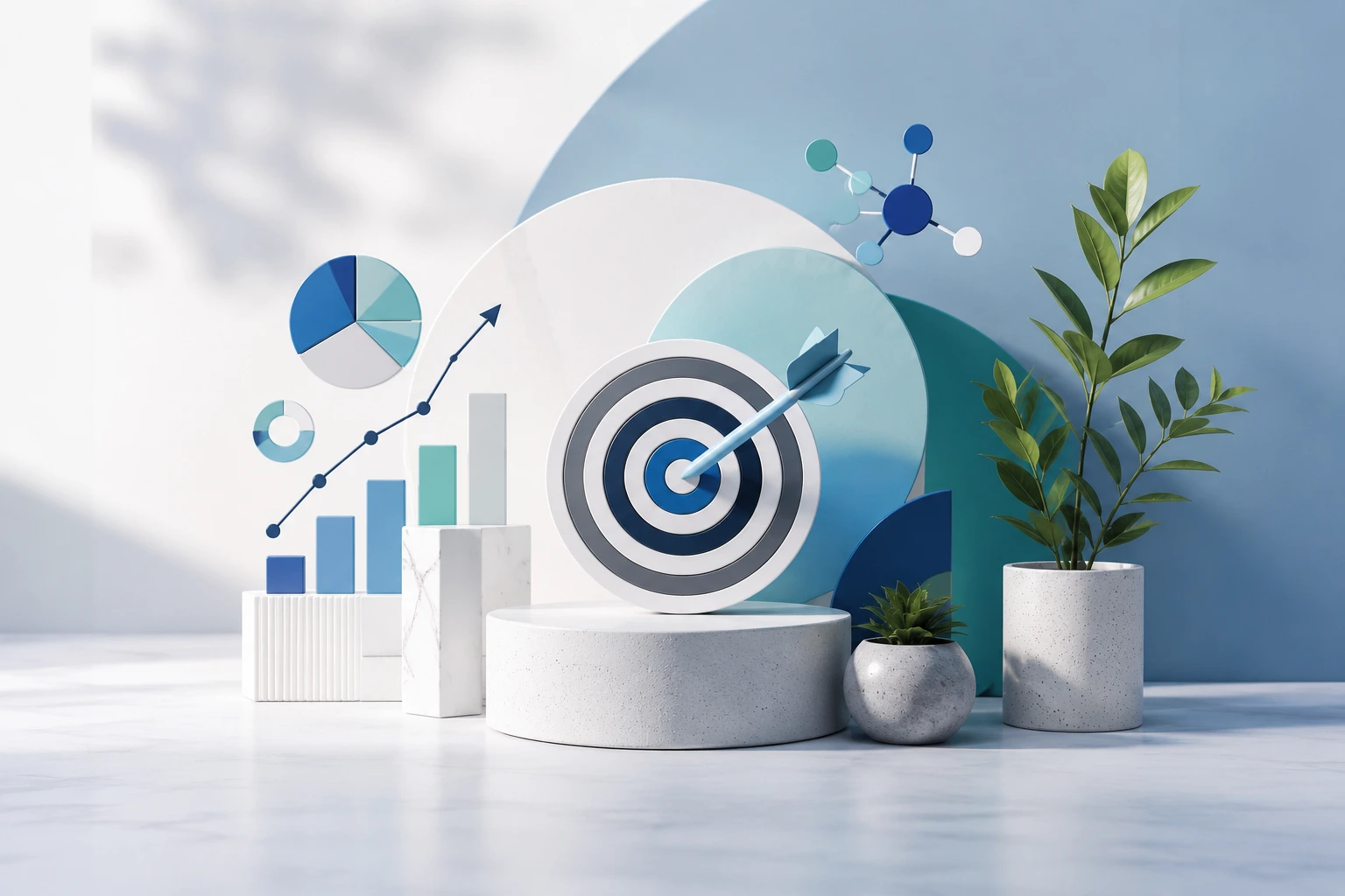 Modern 3D illustration of a glowing light bulb surrounded by digital marketing, analytics, search, communication, and audience icons, representing content strategy, storytelling, AI-powered marketing, and business growth in a clean blue minimalist workspace.
